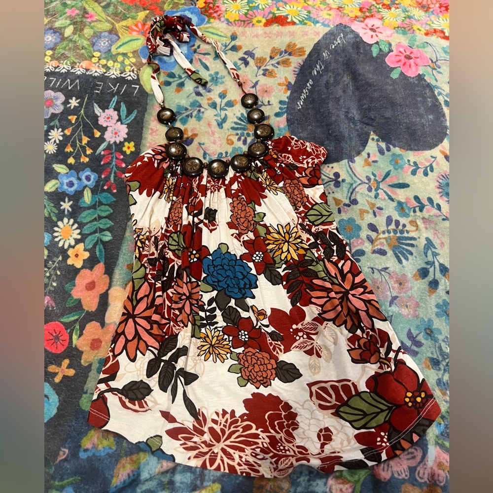 Floral Halter Top w/ Beaded Neckline